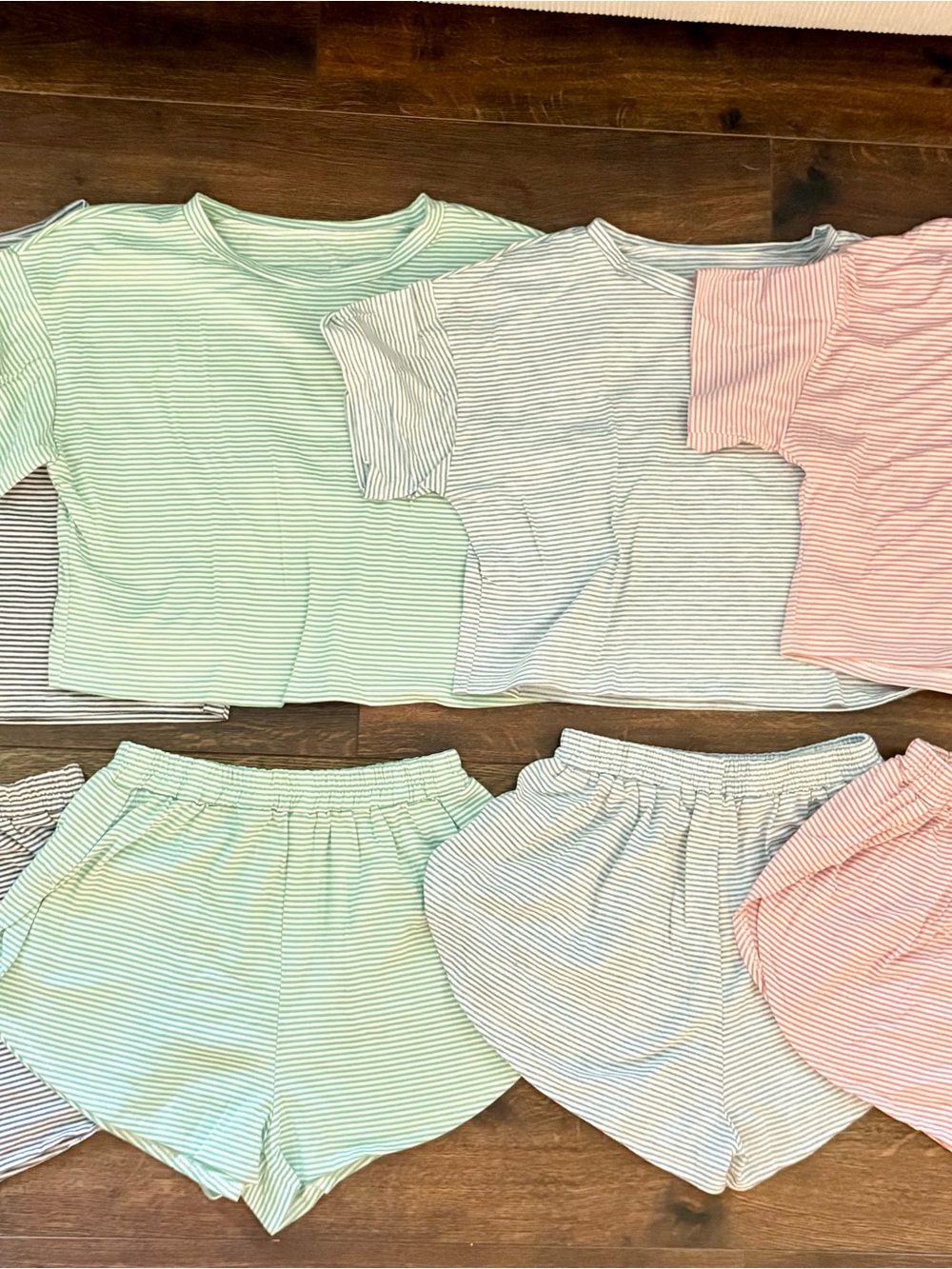 Striped Lounge Shorts and Tee Set - Mint, Gray, Pink, and Charcoal Striped